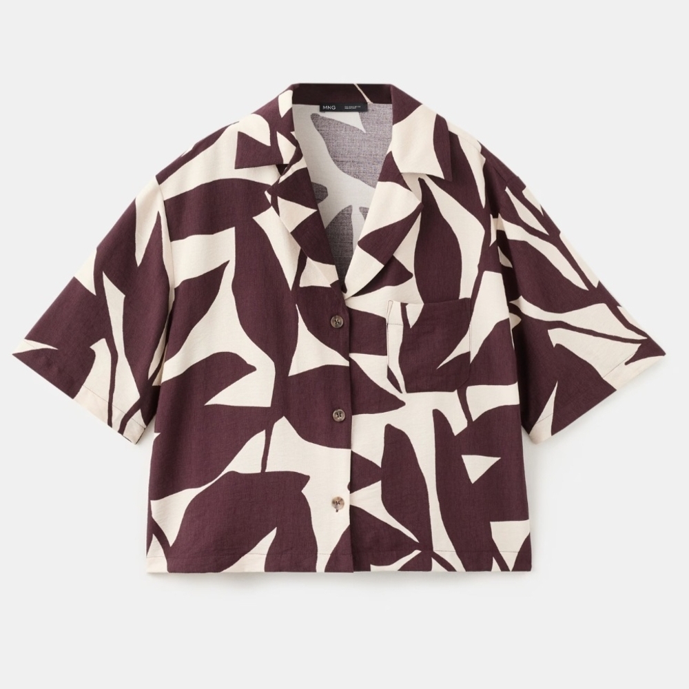 Mango Bold Leaf Print Cropped Button Shirt - Cream & Deep Plum